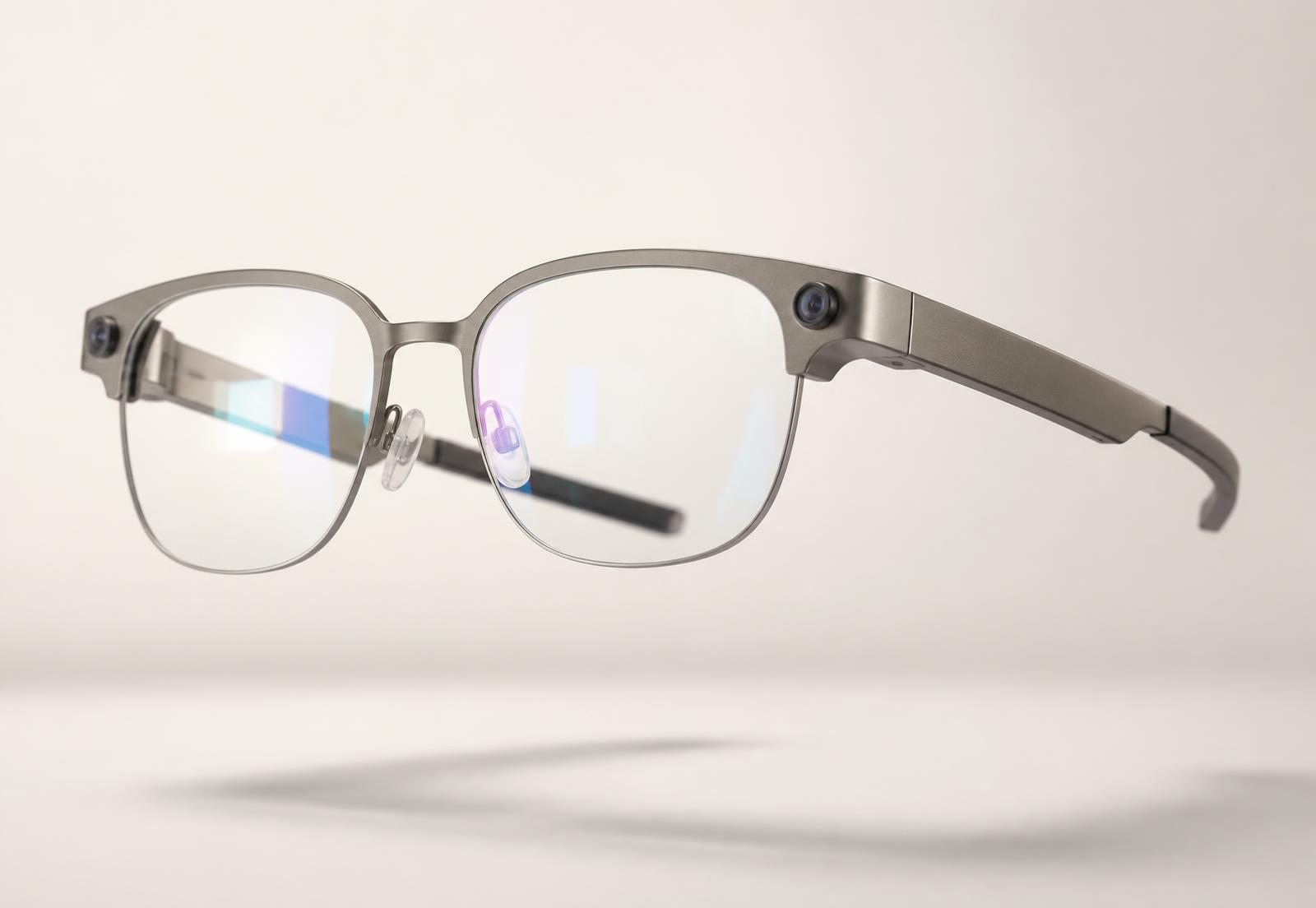 Minimal titanium smart glasses with an integrated camera, photographed in studio light